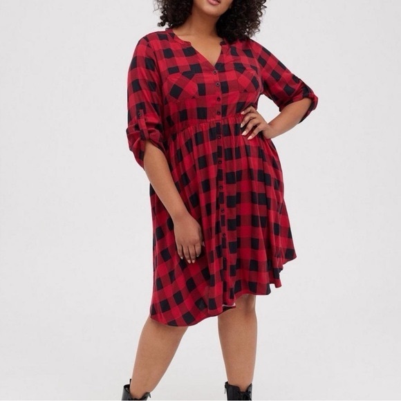 torrid Dresses & Skirts - Torrid Mini Challis Button-Front Shirt Dress Buffalo Plaid Size 2X